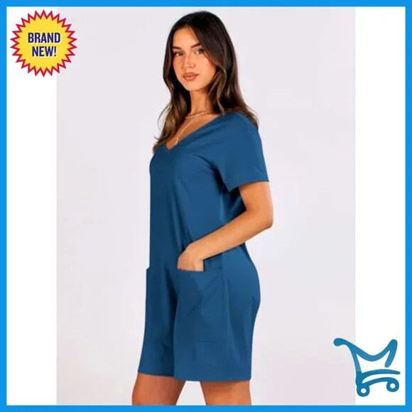 Loose Fit V Neck Romper Casual Summer Jumpsuit with Pockets Short Sleeve - Picture 4 of 7